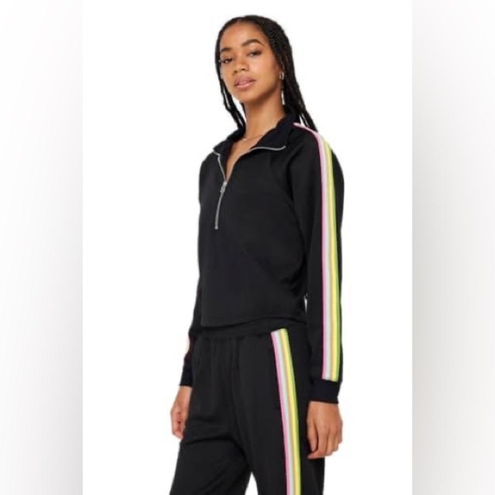 Spiritual Gangster Elsa Half Zip Black Rainbow Stripe Pullover Top Medium NEW